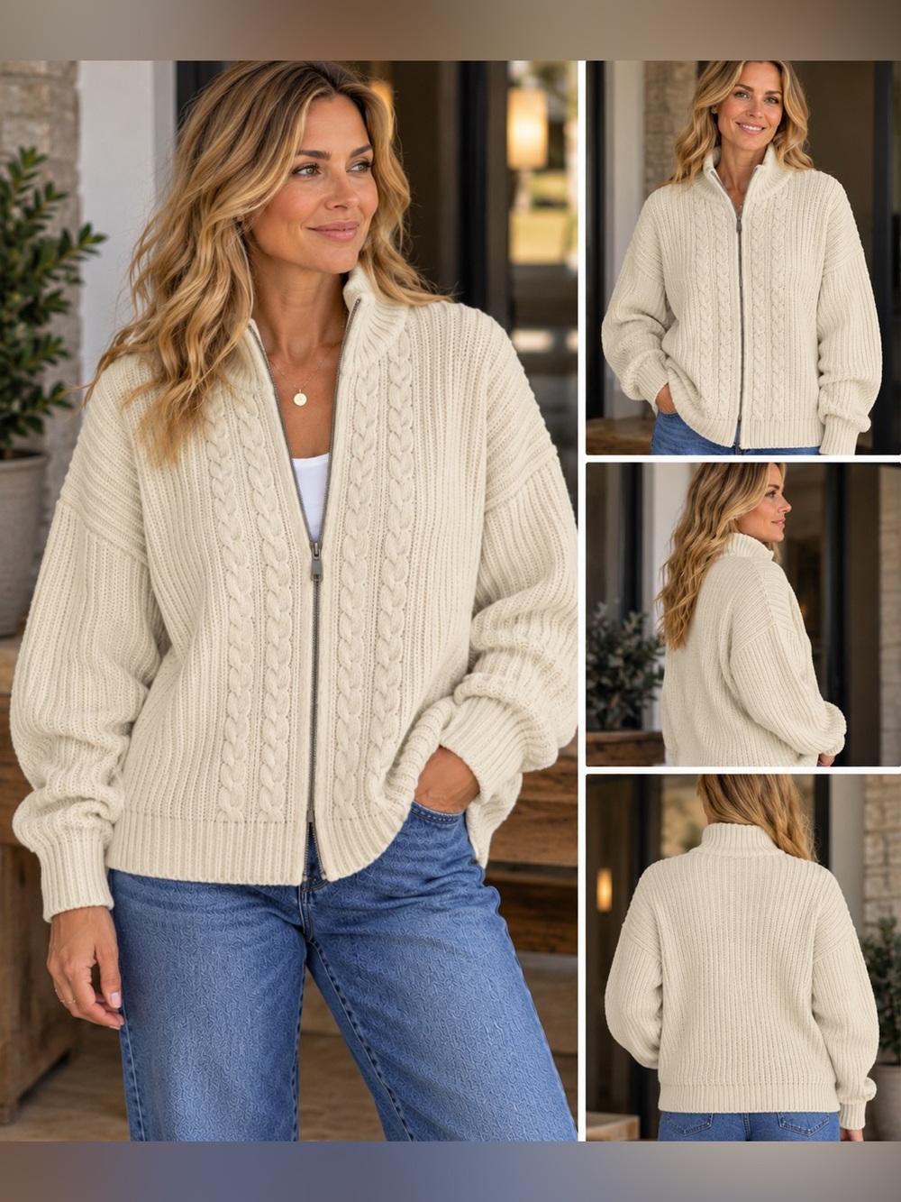 Vintage 90s Lands' End XL 18-20 Made in Japan Cable Knit Zip Sweater